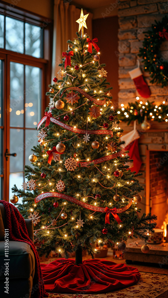 Festive Christmas Tree: Cozy Living Room Scene for Holiday Marketing, Greeting Cards, and Seasonal Promotions Festive Christmas Tree: Cozy Living Room Scene for Holiday Marketing, Greeting Cards, and Seasonal Promotions