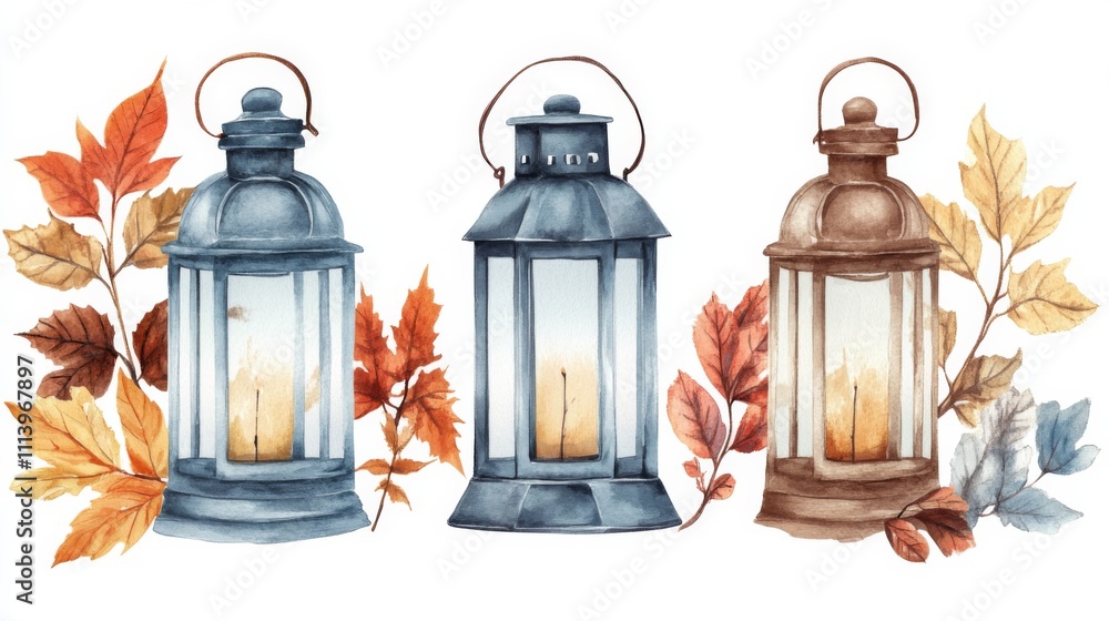 Autumn Lanterns with Leaves Illustration Autumn Lanterns with Leaves Illustration