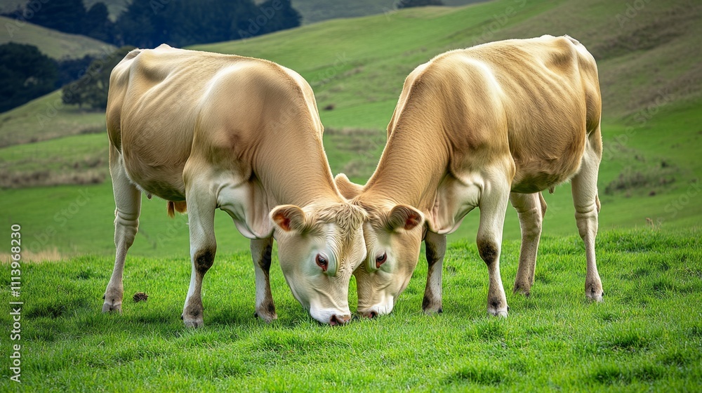 Portrait of healthy beautiful cows standing on lush green farm Portrait of healthy beautiful cows standing on lush green farm