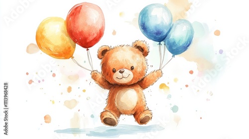 Teddy Bear with Balloons in Watercolor