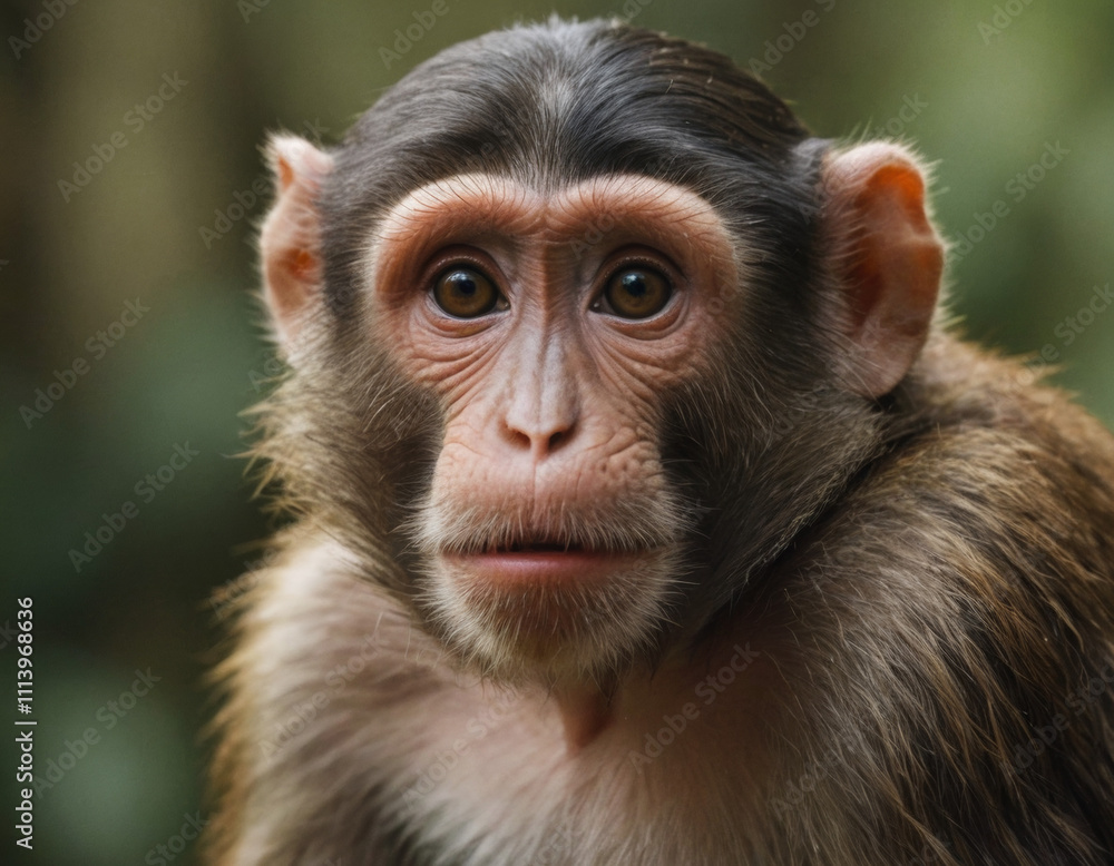 A young monkey gazing curiously from its habitat in the forest during daylight. Generative AI A young monkey gazing curiously from its habitat in the forest during daylight. Generative AI