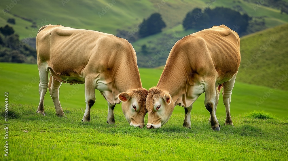 Portrait of healthy beautiful cows standing on lush green farm Portrait of healthy beautiful cows standing on lush green farm