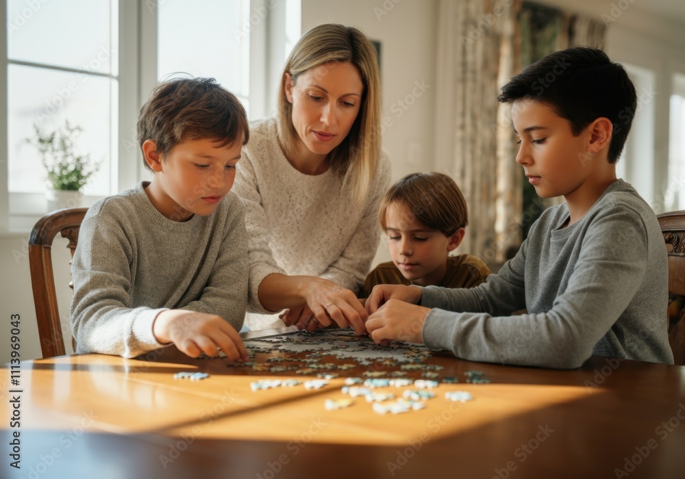 Mother and sons enjoying leisure time, solving jigsaw puzzle together at home Mother and sons enjoying leisure time, solving jigsaw puzzle together at home