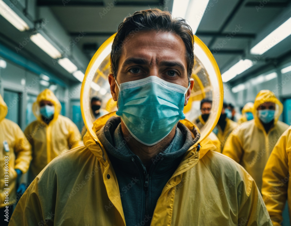 A group of individuals in protective gear standing in a dimly lit corridor during a health crisis. Generative AI A group of individuals in protective gear standing in a dimly lit corridor during a health crisis. Generative AI
