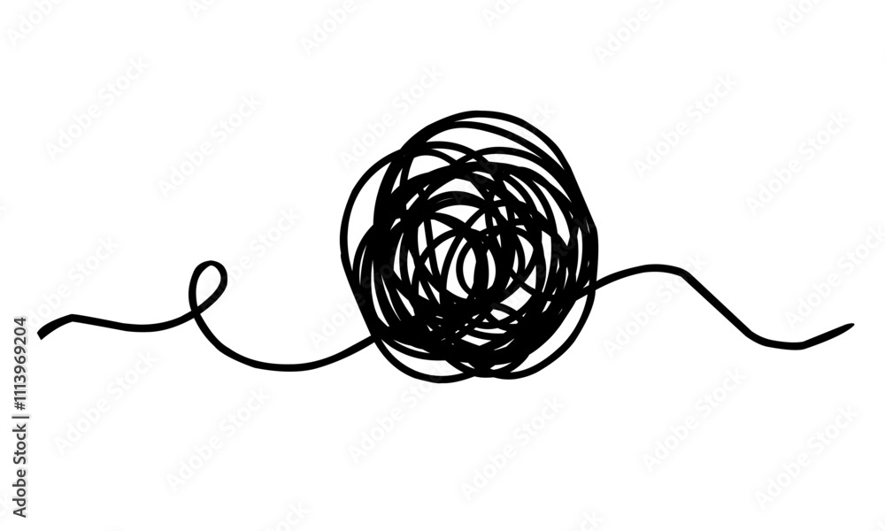 Obraz premium Tangled grungy round scribble thread. hand drawn scribble sketch circle object.