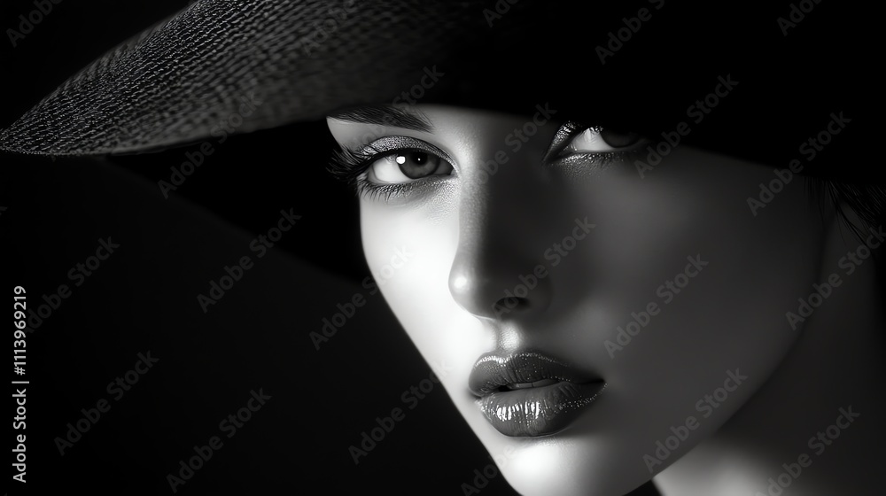 A woman in a hat, in black and white. A woman in a hat, in black and white.
