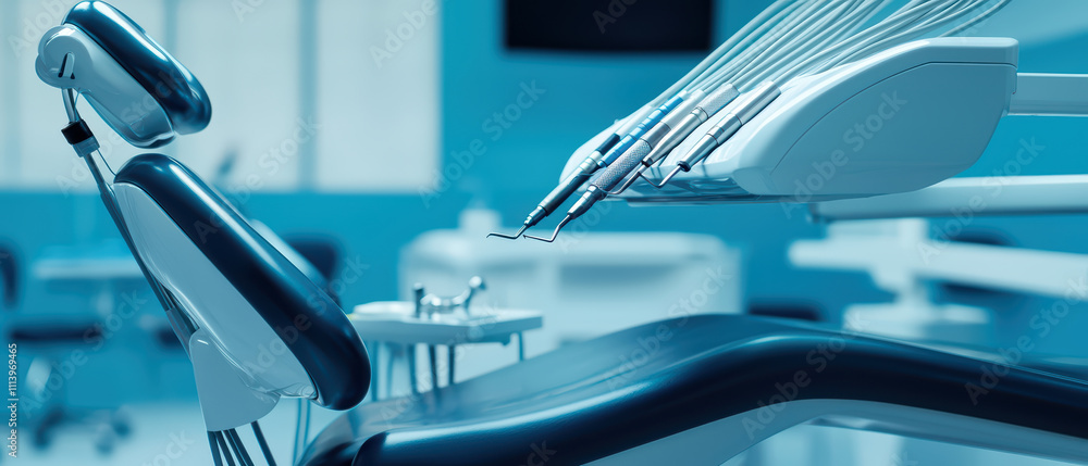 Modern dental office interior with equipment, featuring dental chair and tools, creating clean and professional atmosphere for patient care Modern dental office interior with equipment, featuring dental chair and tools, creating clean and professional atmosphere for patient care