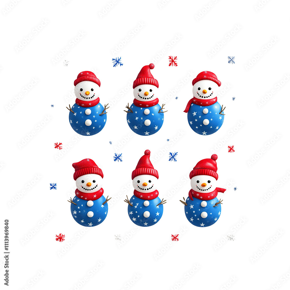Six Adorable 3D Rendered Snowmen with Red Hats and Blue Bodies Decorated with White Stars Against a Six Adorable 3D Rendered Snowmen with Red Hats and Blue Bodies Decorated with White Stars Against a
