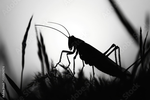 Wallpaper Mural Dramatic black and white silhouette of a grasshopper perched on tall grass. Perfect for nature, wildlife, or insect-themed projects needing a strong visual. Torontodigital.ca