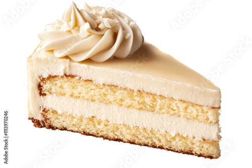 a slice of cake with white frosting photo