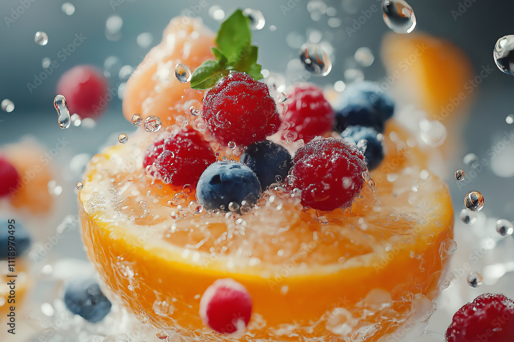 Orange half filled with raspberries, blueberries, and other fruit, with water droplets splashing around Orange half filled with raspberries, blueberries, and other fruit, with water droplets splashing around