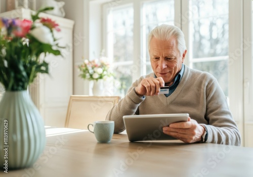 Elderly man making online payment using digital tablet and credit card, enjoying convenient e-commerce experience from home photo