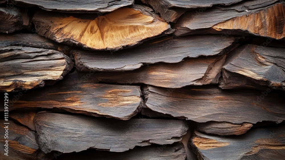 Fototapeta premium Stacked pieces of dark wood with natural textures