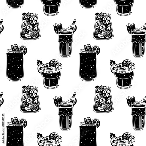pattern with silhouettes of black drinks on white. Seamless texture of drinks for bar, restaurant. glasses are chaotic. Silhouettes of glass glasses with cozy drinks Printing for menu packaging, paper