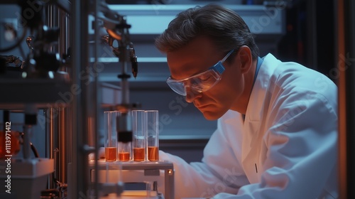 Scientist conducting research in a laboratory with chemical reactions happening in glass tubes under dim lighting photo