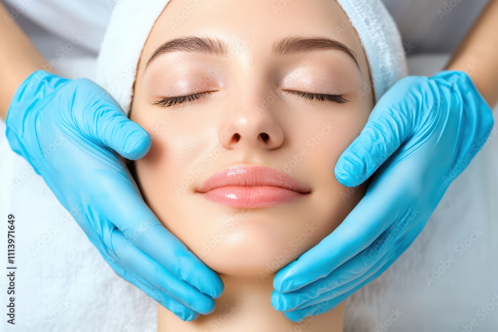 Woman receiving facial treatment at spa, with gloved hands gently massaging her face, creating relaxing and rejuvenating experience Woman receiving facial treatment at spa, with gloved hands gently massaging her face, creating relaxing and rejuvenating experience