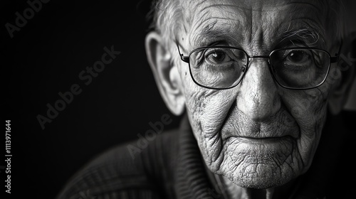 A black and white portrait of an elderly man with glasses, looking directly at the camera.