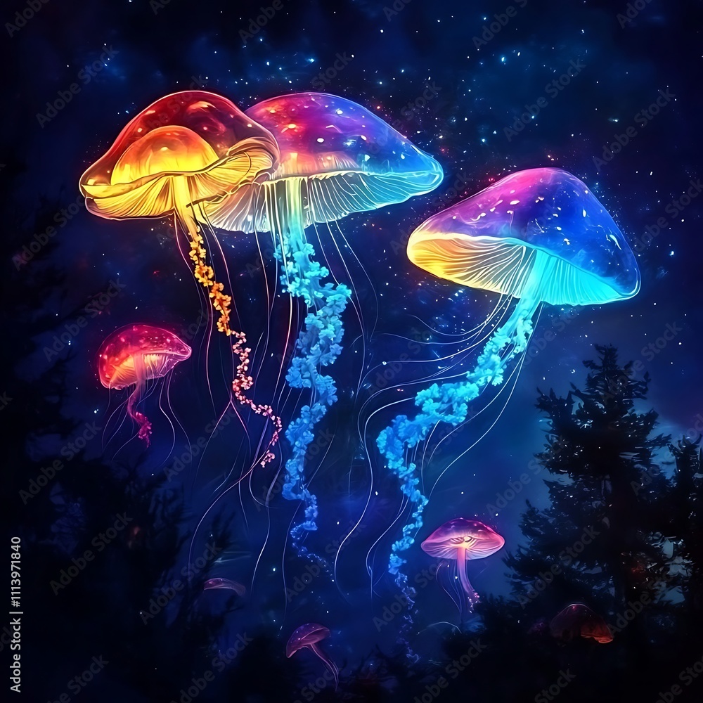 Fototapeta premium Jellyfish glowing vibrantly over magical mushroom landscapes in pure darkness image