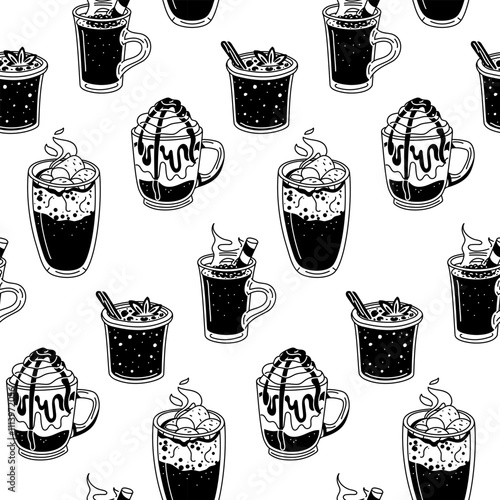pattern with silhouettes black drinks without alcohol on white. Seamless texture of drinks bar, restaurant. glasses chaotic. Silhouettes of glass glasses with cozy drinks. Printing for menu packaging
