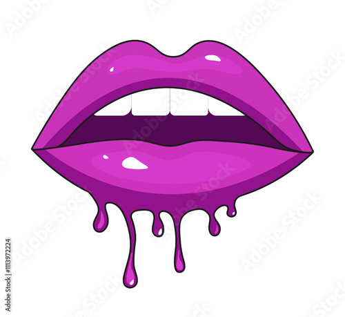 Melting glossy purple and sexy parted female lips. White teeth. Dripping purple lips.