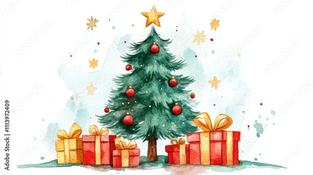 Obraz premium Watercolor Christmas Tree and Presents