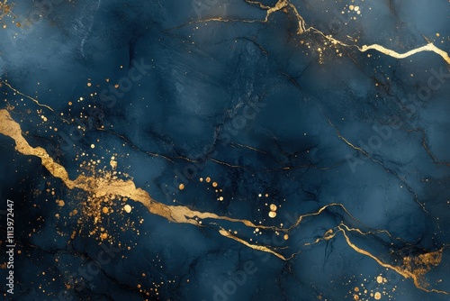Deep blue marble texture with gold veins and splatters. Ideal for luxurious backgrounds, elegant designs, and adding a touch of sophistication.