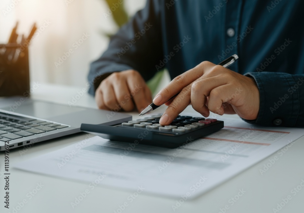 Businessman is calculating financial report using calculator and laptop at office desk Businessman is calculating financial report using calculator and laptop at office desk