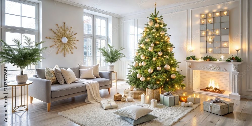 Aerial View of a Modern Christmas Tree in a Bright White Room Adorned with Cozy Holiday Decor, Perfect for Festive Home Interiors and Seasonal Celebrations Aerial View of a Modern Christmas Tree in a Bright White Room Adorned with Cozy Holiday Decor, Perfect for Festive Home Interiors and Seasonal Celebrations