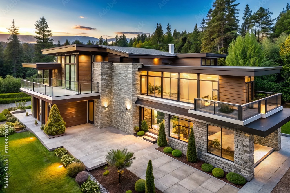 Aerial View of a Sleek Modern Home Featuring Stone Cladding, Large Windows, and Wooden Eaves Surrounded by a Lush Landscape in Natural Light Aerial View of a Sleek Modern Home Featuring Stone Cladding, Large Windows, and Wooden Eaves Surrounded by a Lush Landscape in Natural Light