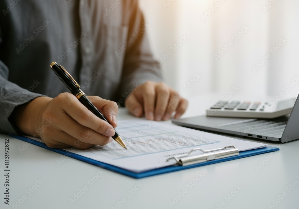 Businessman analyzing financial chart, working with laptop and calculator at modern office Businessman analyzing financial chart, working with laptop and calculator at modern office