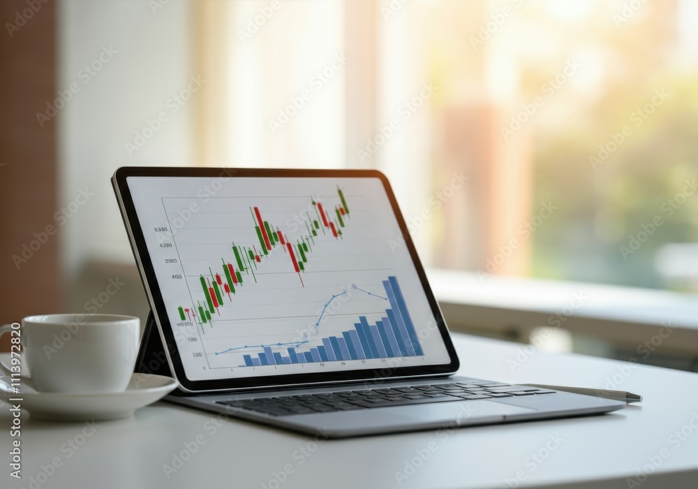 Stock market analysis displayed on a laptop, featuring candlestick charts and bar graphs for investment decisions Stock market analysis displayed on a laptop, featuring candlestick charts and bar graphs for investment decisions