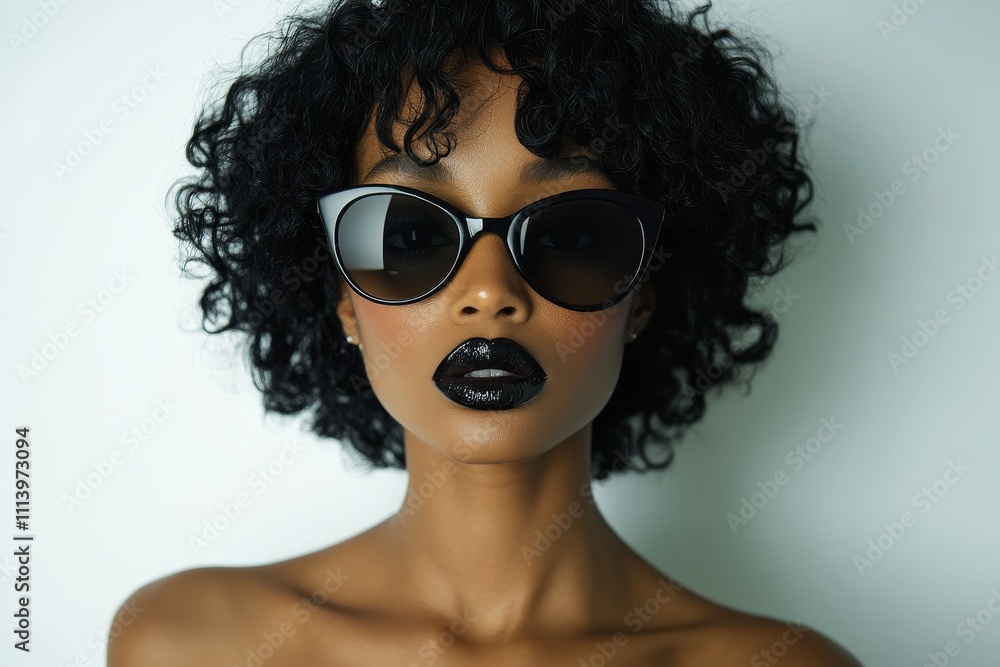bright fashion portrait of black woman with curly hair wearing black sunglasses, black lipstick on white background, energetic look, emotional, energy bright fashion portrait of black woman with curly hair wearing black sunglasses, black lipstick on white background, energetic look, emotional, energy
