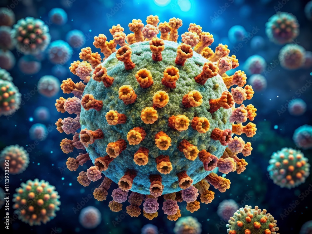 Aerial View of Intricate Virus Structure Illuminated by Soft Light, Highlighting Biological Features and Significance in Health Research and Scientific Studies Aerial View of Intricate Virus Structure Illuminated by Soft Light, Highlighting Biological Features and Significance in Health Research and Scientific Studies
