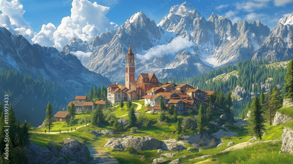 Fototapeta premium picturesque village nestled in a valley, surrounded by high mountains and lush green hills under a blue sky with clouds