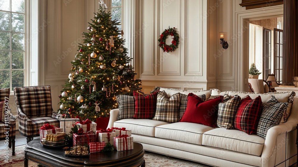 A luxurious living room setting with a chic Christmas tree adorned with string lights and gifts. Plaid and pillows accentuate the inviting sofa against a white and beige backdrop A luxurious living room setting with a chic Christmas tree adorned with string lights and gifts. Plaid and pillows accentuate the inviting sofa against a white and beige backdrop