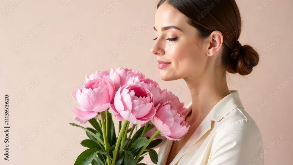Young caucasian female admiring pink flowers in light attire Young caucasian female admiring pink flowers in light attire