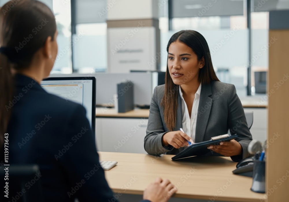 Financial advisor explaining contract terms to client in office Financial advisor explaining contract terms to client in office