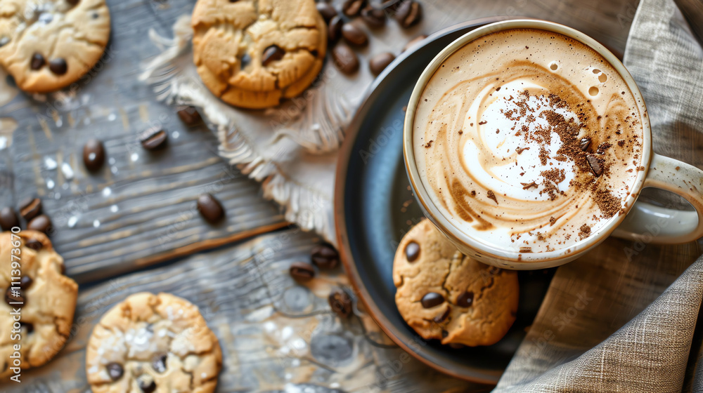 A cup of coffee with frothy milk, topped with cocoa powder A cup of coffee with frothy milk, topped with cocoa powder