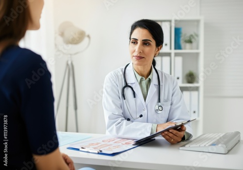 Doctor holding clipboard and listening to patient during medical consultation in clinic