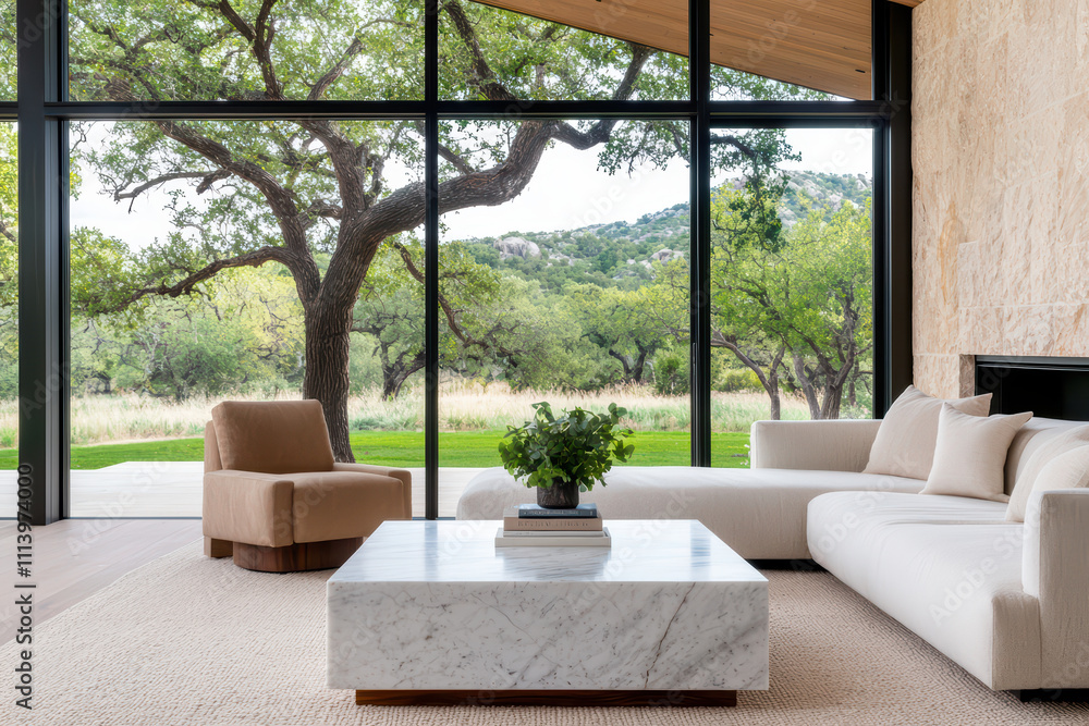 Modern open concept living room featuring large marble coffee table, cozy armchair, and expansive glass windows showcasing beautiful outdoor view Modern open concept living room featuring large marble coffee table, cozy armchair, and expansive glass windows showcasing beautiful outdoor view