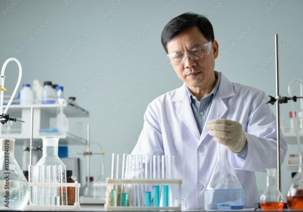 Asian scientist wearing lab coat and protective glasses holding test tube with liquids in laboratory, conducting experiment and analyzing results Asian scientist wearing lab coat and protective glasses holding test tube with liquids in laboratory, conducting experiment and analyzing results