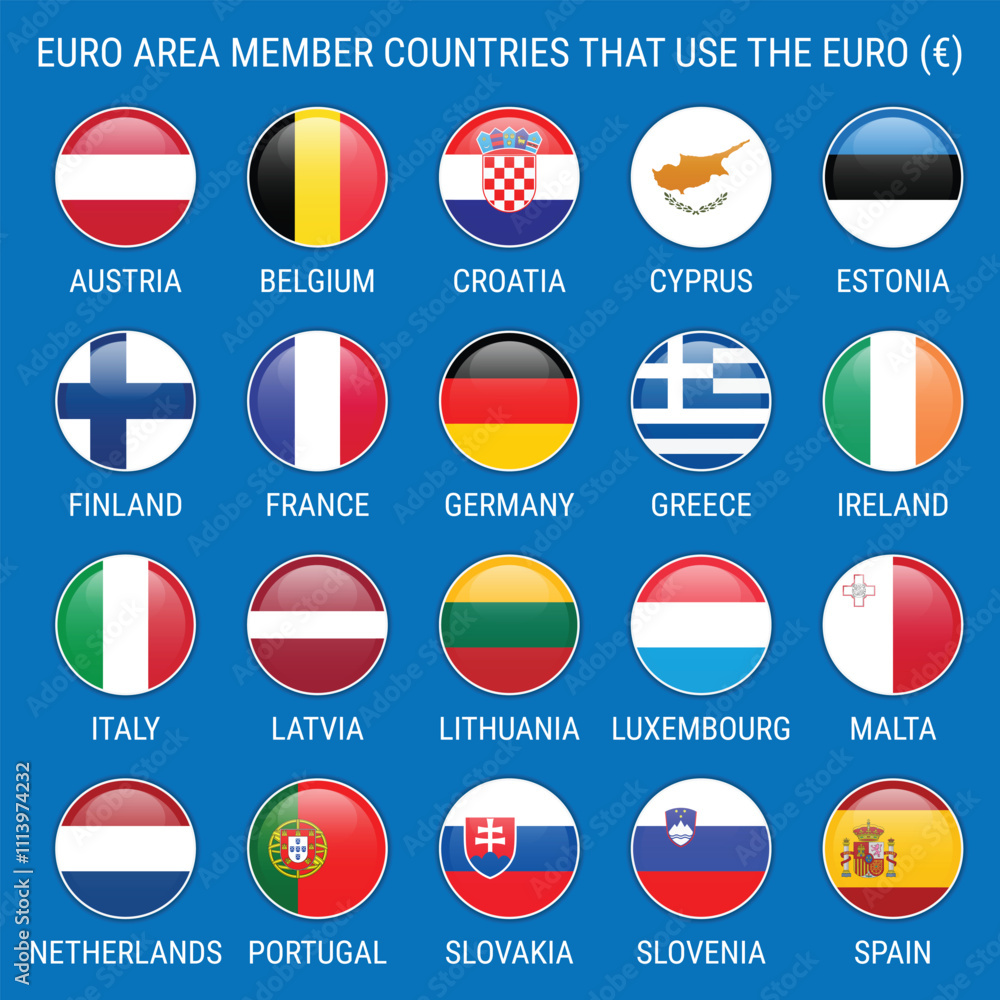 Euro area member countries using the euro. Set of shiny flag icons with shadows underneath Euro area member countries using the euro. Set of shiny flag icons with shadows underneath