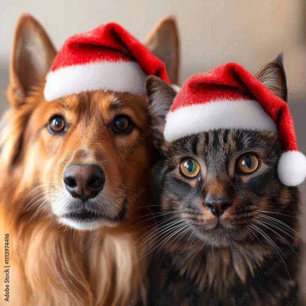 seamless of dog and a cat sitting together with santa hats at christmas generative ai , isolated on white background, , copy space, copy space for text, seamless of dog and a cat sitting together with santa hats at christmas generative ai , isolated on white background, , copy space, copy space for text,
