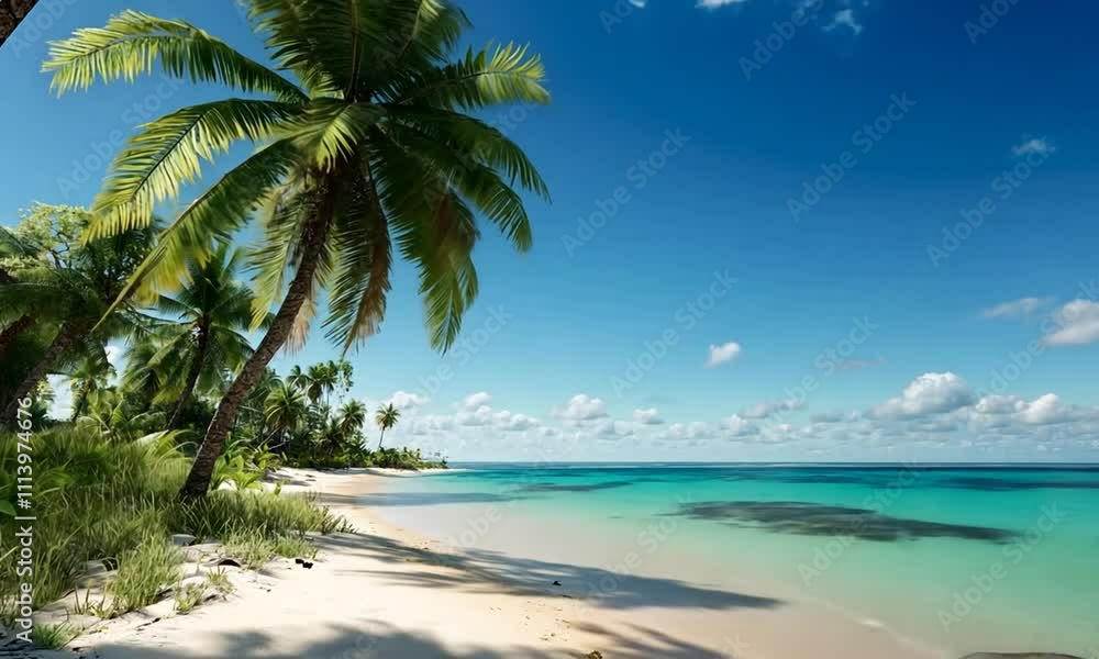 A serene beach scene with palm trees and clear blue water under a bright sky. A serene beach scene with palm trees and clear blue water under a bright sky.