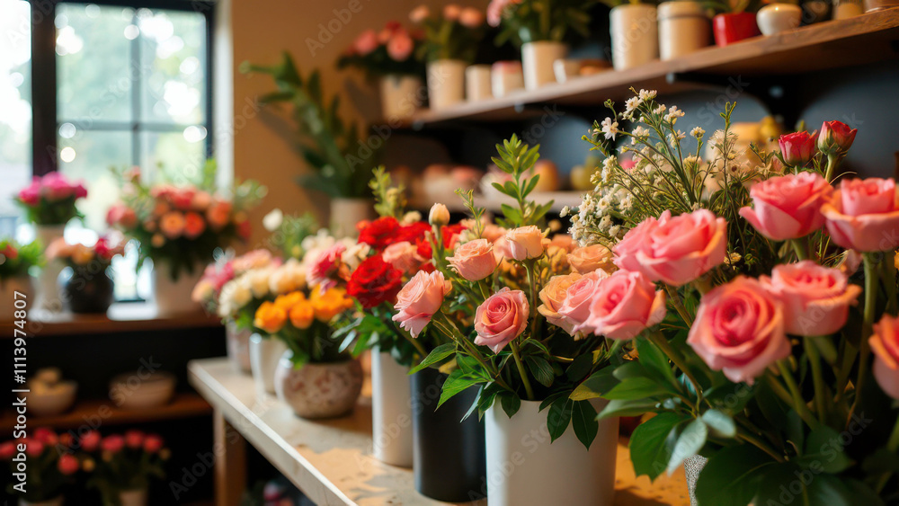 Fototapeta premium Colorful flower bouquet display in a charming florist shop