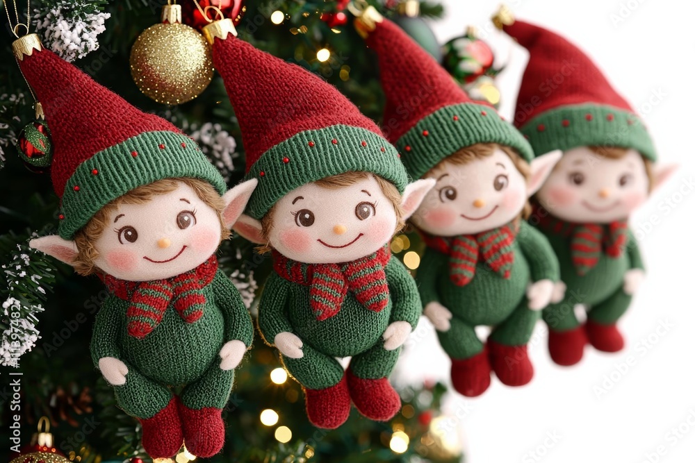 seamless of Five christmas elves hanging on a christmas tree with ornaments and lights , isolated on white background, , copy space, copy space for text, seamless of Five christmas elves hanging on a christmas tree with ornaments and lights , isolated on white background, , copy space, copy space for text,