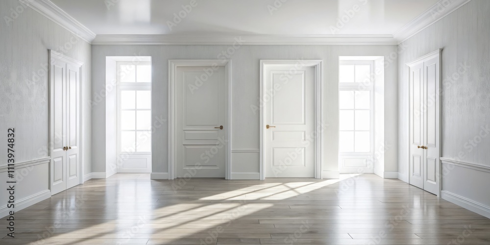 Bright and Inviting Empty White Room with Two Doors Illuminated by Soft Natural Light, Perfect for Minimalist Portrait Photography and Creative Backgrounds Bright and Inviting Empty White Room with Two Doors Illuminated by Soft Natural Light, Perfect for Minimalist Portrait Photography and Creative Backgrounds
