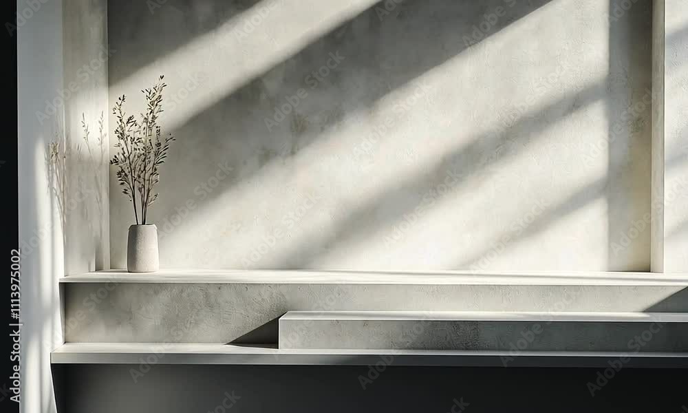 A minimalist interior scene with soft shadows and a potted plant against a textured wall. A minimalist interior scene with soft shadows and a potted plant against a textured wall.