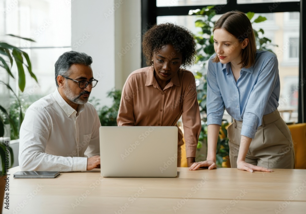 Diverse colleagues collaborating on project, using laptop in office meeting, teamwork and cooperation concept Diverse colleagues collaborating on project, using laptop in office meeting, teamwork and cooperation concept