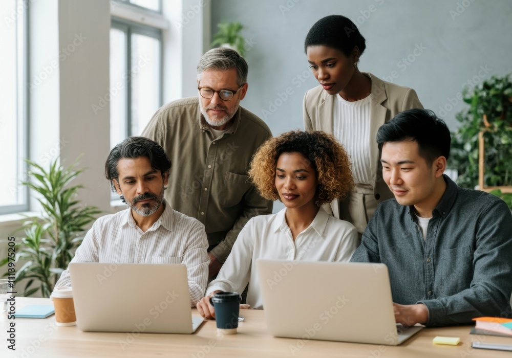 Businesspeople working together on laptops, demonstrating teamwork and diversity in a contemporary office setting Businesspeople working together on laptops, demonstrating teamwork and diversity in a contemporary office setting